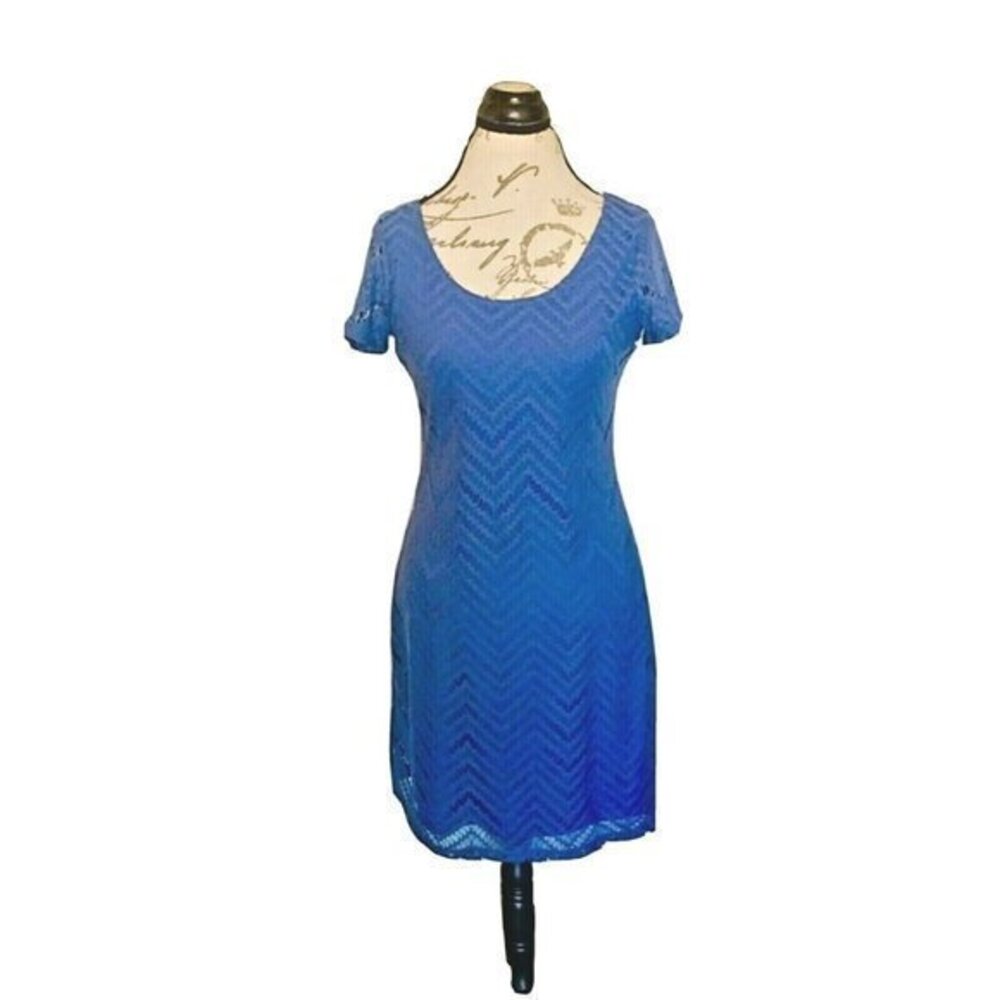 TIANA B Dress Sheath Knit Size Small Blue Overlay Stretch Mini Short Sleeve Line